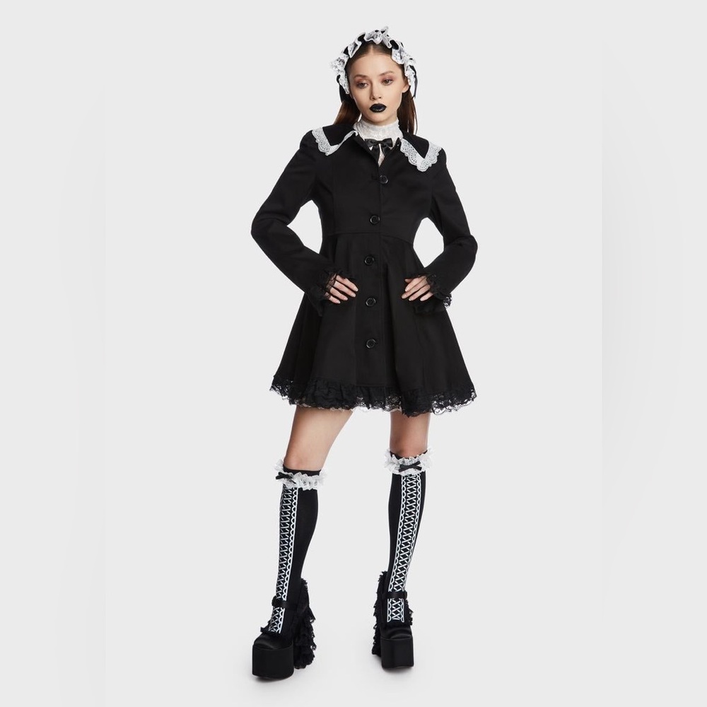 NWT Dollskill Fairygrunge Mini Coat Dress B&W Bow & Ruffles
